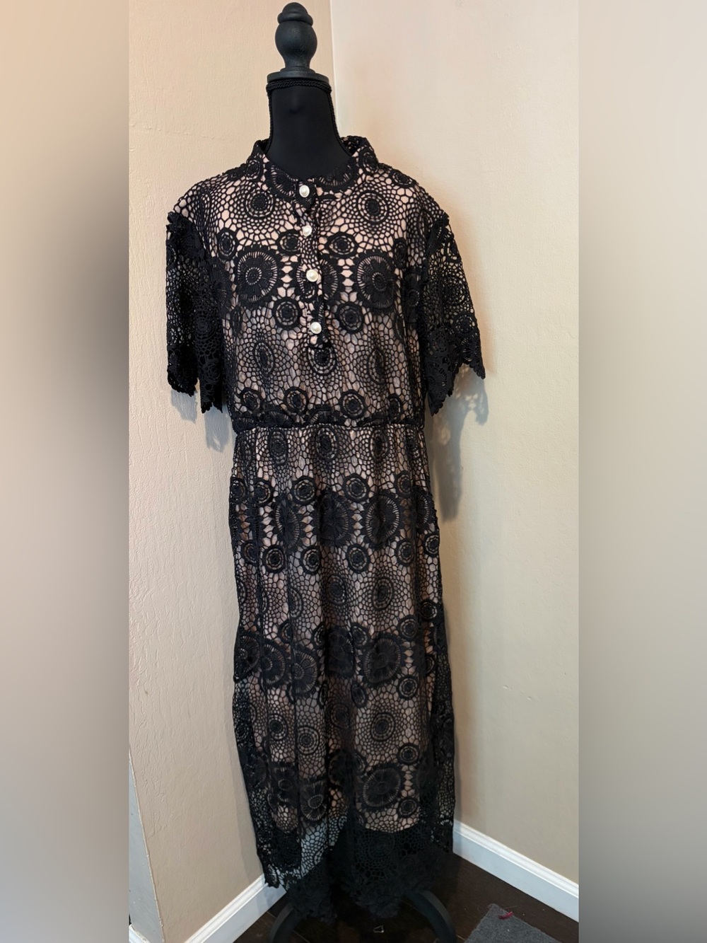 Regal Black Lace and Nude Gown, with Faux Pearl Buttons and High Neck, 2XL